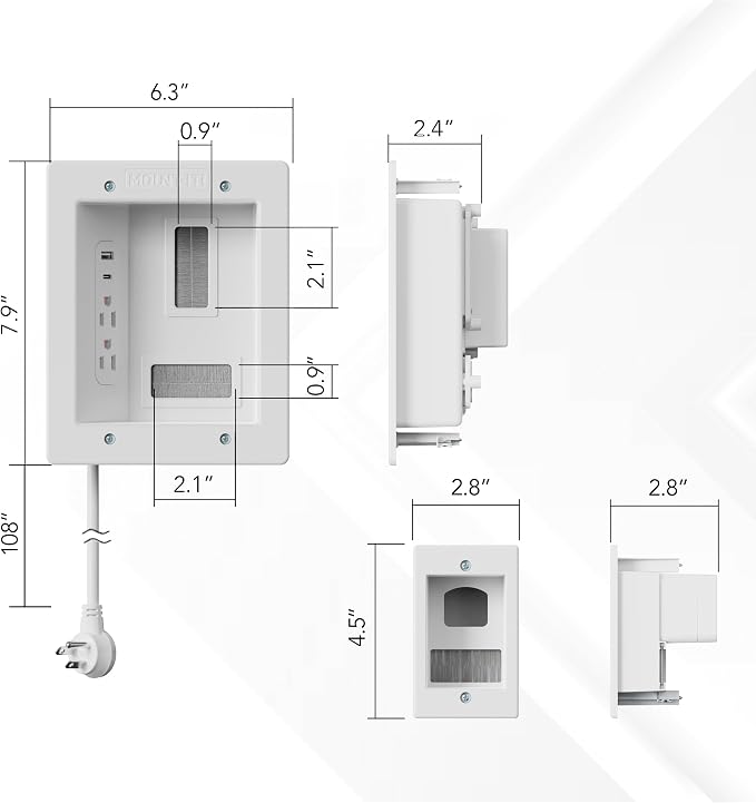 Mount-It in-Wall TV Cable Management Kit, Dual Outlet, TV Cord Hider | ETL Certified Recessed Power with USB-C and USB-A, 9ft Behind-Wall and 5ft External Cords, TV Wire Hider for Wall Mount