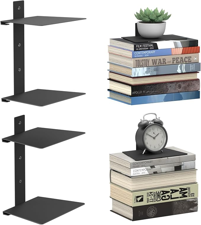 Mefirt Invisible Floating Bookshelves for Wall, 4 Tier Vertical Spine Book Tower, Heavy Duty Floating Book Shelves Metal Book Organizers for Home Office, 2 Pack(Black)