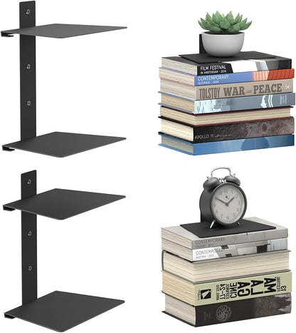 Mefirt Invisible Floating Bookshelves for Wall, 4 Tier Vertical Spine Book Tower, Heavy Duty Floating Book Shelves Metal Book Organizers for Home Office, 2 Pack(Black)