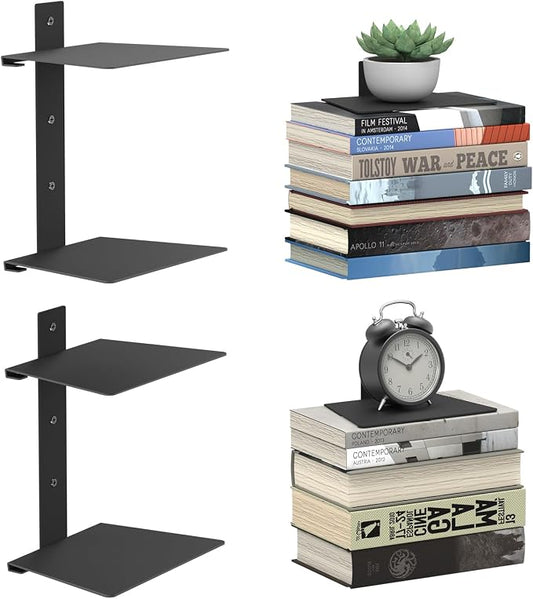 Mefirt Invisible Floating Bookshelves for Wall, 4 Tier Vertical Spine Book Tower, Heavy Duty Floating Book Shelves Metal Book Organizers for Home Office, 2 Pack(Black)
