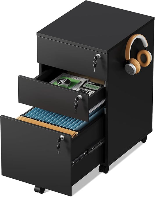 DEVAISE 3 Drawer File Cabinet with Individual Locks, Black | Wood Filing Cabinet for Home Office, Mobile Printer Stand with Wheels, Under Desk Storage for Letter/A4/Legal Size