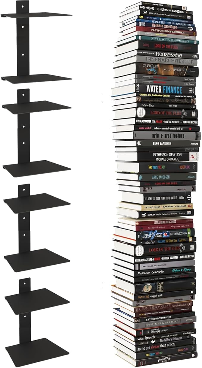 Wawocs Invisible Bookshelves for Wall, 8 Tier Floating Bookshelf Made of Heavy Duty Metal, Vertical Spine Book Tower Hanging Wall Bookshelf, Floating Book Shelves for Wall, 4 Pack Black