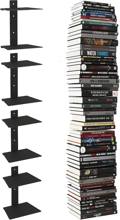 Wawocs Invisible Bookshelves for Wall, 8 Tier Floating Bookshelf Made of Heavy Duty Metal, Vertical Spine Book Tower Hanging Wall Bookshelf, Floating Book Shelves for Wall, 4 Pack Black