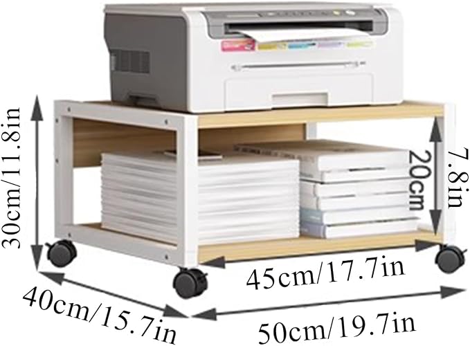 2 Tiers Rolling Under Desk Printer Stand,Office Movable Printer Desk with 4 Wheels & Lock Mechanism,Heavy Duty Storage Rack for Office and Home(Internal Height 20cm(7.8in), White)