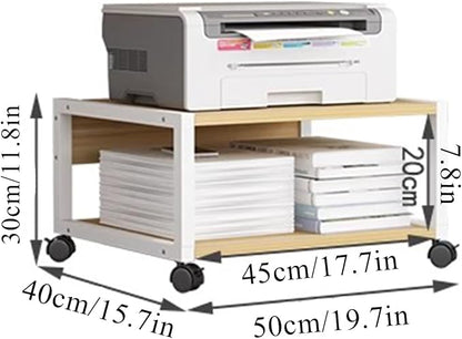 2 Tiers Rolling Under Desk Printer Stand,Office Movable Printer Desk with 4 Wheels & Lock Mechanism,Heavy Duty Storage Rack for Office and Home(Internal Height 20cm(7.8in), White)