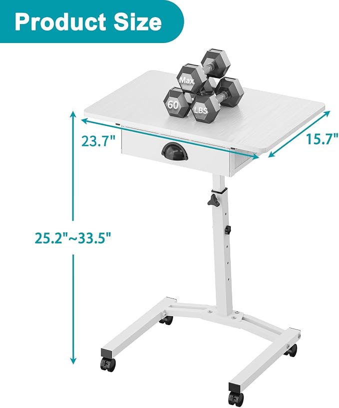 Rolling Adjustable Height Computer Desk With Drawers, Small Mobile Laptop Desk Cart On Wheels For Small Spaces Home Office, Portable Sitting Laptop Table For Bed Couch Load Up To 60LBS, Sturdy, White