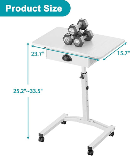 Rolling Adjustable Height Computer Desk With Drawers, Small Mobile Laptop Desk Cart On Wheels For Small Spaces Home Office, Portable Sitting Laptop Table For Bed Couch Load Up To 60LBS, Sturdy, White