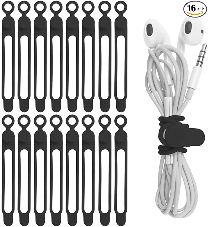 16Pcs Silicone Cable Ties Cord Organizer for Bundling Earphone, Phone Charger, Computer Cords, Reusable Wire Cable Management in Home,Office,Kitchen,School,Travel (Black)