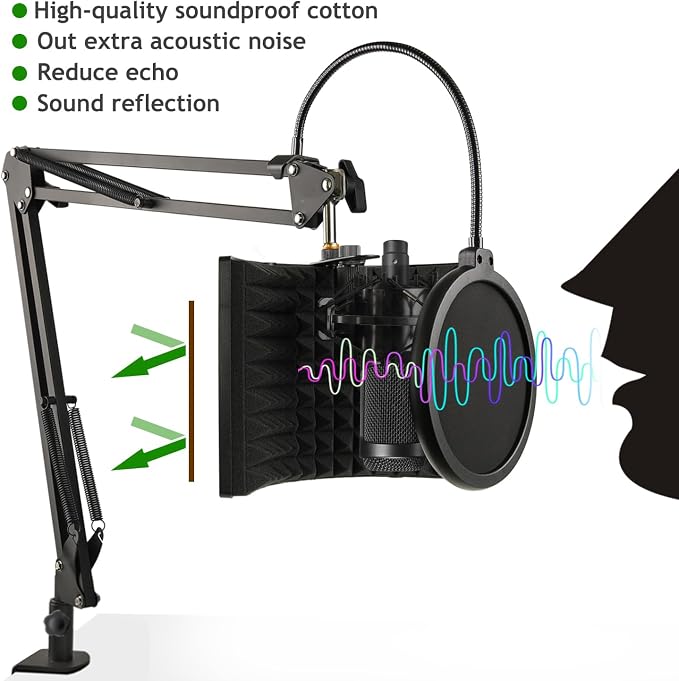 Microphone Isolation Shield with Mic Stand and Pop Filter, Foldable Sound Shield for Most Condenser Microphone Recording Equipment Studio, High Density Absorbent Foam to Filter Vocal by Frgyee