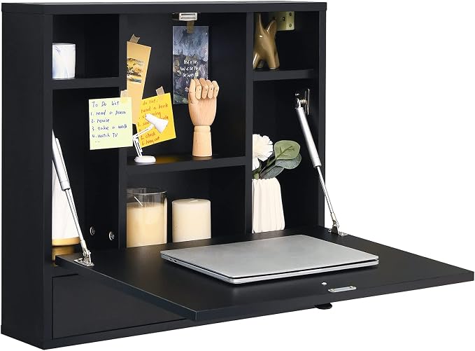 Tangkula Pneumatic Floating Desk - Wall Mounted Laptop Desk with Magnetic Foldable Tabletop, Space Saving Table with Storage Drawer and Shelves (Black)