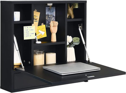 Tangkula Pneumatic Floating Desk - Wall Mounted Laptop Desk with Magnetic Foldable Tabletop, Space Saving Table with Storage Drawer and Shelves (Black)