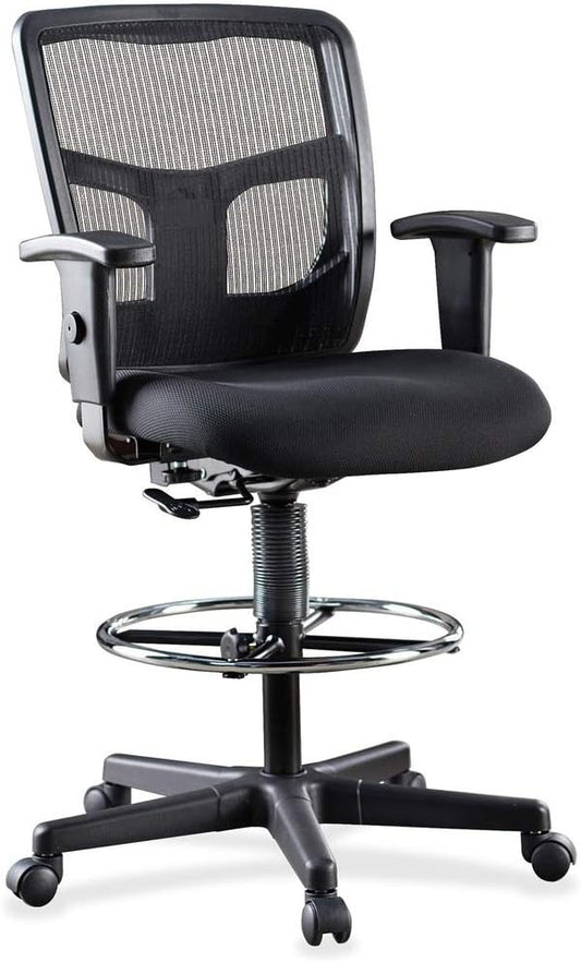 Lorell Ratchet Stool Office Chair - Ergonomic Mid-Back Design with Breathable Mesh, Cushioned Fabric Seat, Adjustable Chrome Foot Ring & Arms - Perfect Comfort for Your Workspace