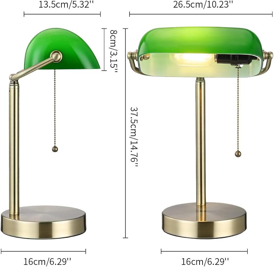 Traditional Green Glass Bankers Desk Lamp,LED Bulb Included | Pull Chain Switch Plug in Fixture