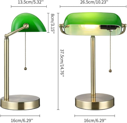 Traditional Green Glass Bankers Desk Lamp,LED Bulb Included | Pull Chain Switch Plug in Fixture