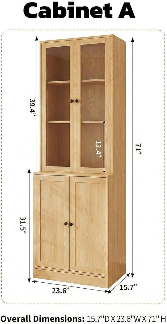TUSY 71'' Bookshelf with Doors - 5 Tier Freestanding Tall Bookcase, Modern Storage Cabinet for Home Office, Curio Cabinets with Glass Door for Living Room, Bedroom (1, Wood)