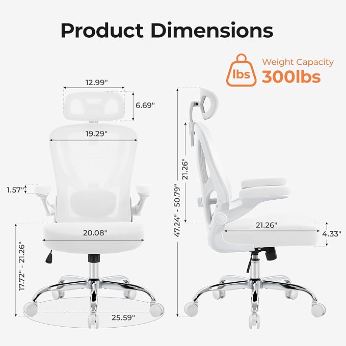 Office Chair Ergonomic Office Chair with Lumbar Support, Head Support, Rocking Function, Flip-up Armrests, Home Office Desk Chair, Suitable for Home, Office, White, 1 Pack