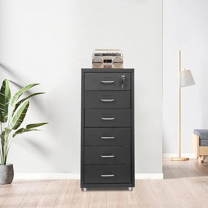 Vertical File Cabinet, 6 Drawers Rolling File Organizer Cabinets with Lock, Heavy Duty Metal Storage Cabinet, Movable Under Desk Filing Cabinet for Office, Study, Dresser (Black)