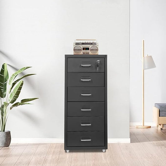 Vertical File Cabinet, 6 Drawers Rolling File Organizer Cabinets with Lock, Heavy Duty Metal Storage Cabinet, Movable Under Desk Filing Cabinet for Office, Study, Dresser (Black)