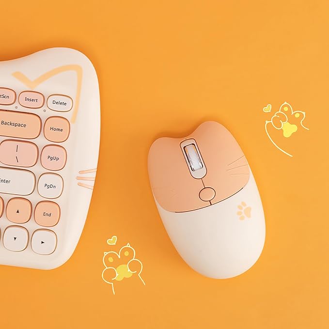 Cute Cat 2.4G USB Wireless Keyboard and Mouse Combo, Silent Keys, Candy Colors, Compatible with Notebook, PC (MilkTea-84Keys)