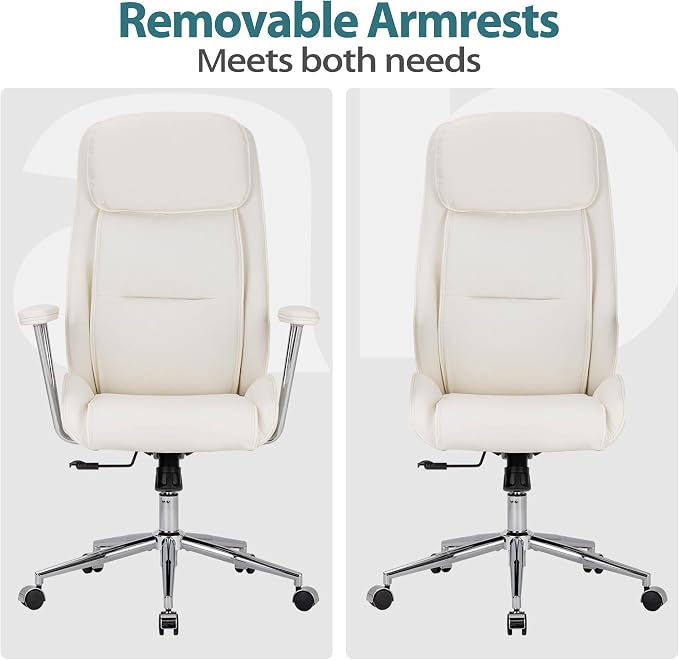 High Back Office Desk Chair,Ergonomic Reclining Office Chair,Modern Swivel Computer Chair,Conference Room Chairs,Cream White Leather Chair with Lumbar Support,330lbs