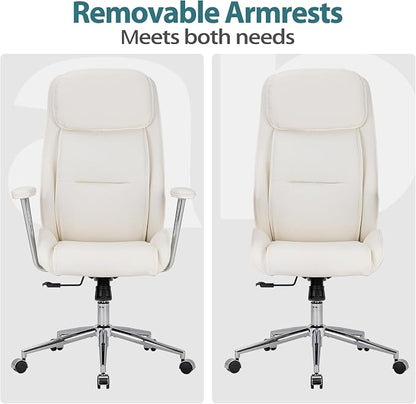 High Back Office Desk Chair,Ergonomic Reclining Office Chair,Modern Swivel Computer Chair,Conference Room Chairs,Cream White Leather Chair with Lumbar Support,330lbs