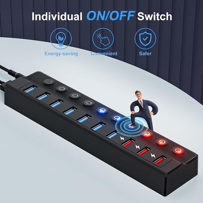 ONFINIO Powered USB Hub, 10-Port USB Splitter Hub (7 Faster Data Transfer Ports+ 3 Smart Charging Port) with Individual LED On/Off Switches and 12V/3A Power Adapter USB Extension for Mac, PC and More