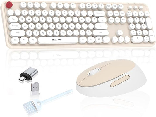 Cream Wireless Keyboard Mouse, COOFUN 104 Keys Full Size White Keyboard Ergonomic Cordless Keyboards Cute Colorful Retro Typewriter Key Board for Windows, PC, Laptop, Desktop (Creamy)