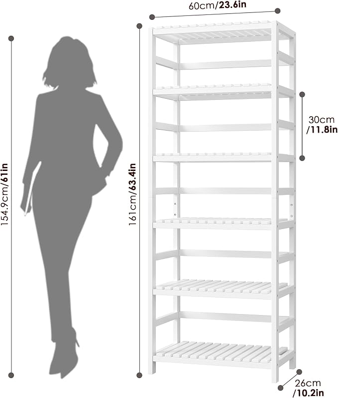 FOTOSOK 6-Tier Bamboo Shelf, Bamboo Bookcase with Adjustable Shelves, Free Standing Storage Shelf Unit, Plant Flower Stand for Bathroom, Kitchen, Home Office, White