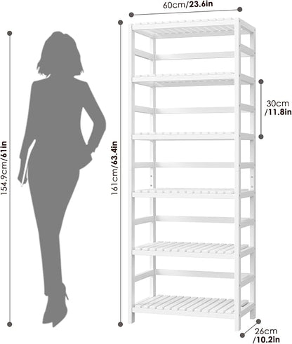 FOTOSOK 6-Tier Bamboo Shelf, Bamboo Bookcase with Adjustable Shelves, Free Standing Storage Shelf Unit, Plant Flower Stand for Bathroom, Kitchen, Home Office, White