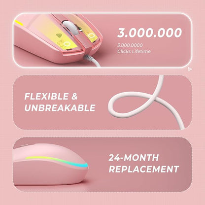 seenda Wired Mouse - USB Corded Mouse with Colorful RGB Backlit, Plug and Play, 1600 DPI Optical Tracking，Silent Computer Mouse for Laptop, PC, Chromebook, Desktop, Office, School, Home, Pink