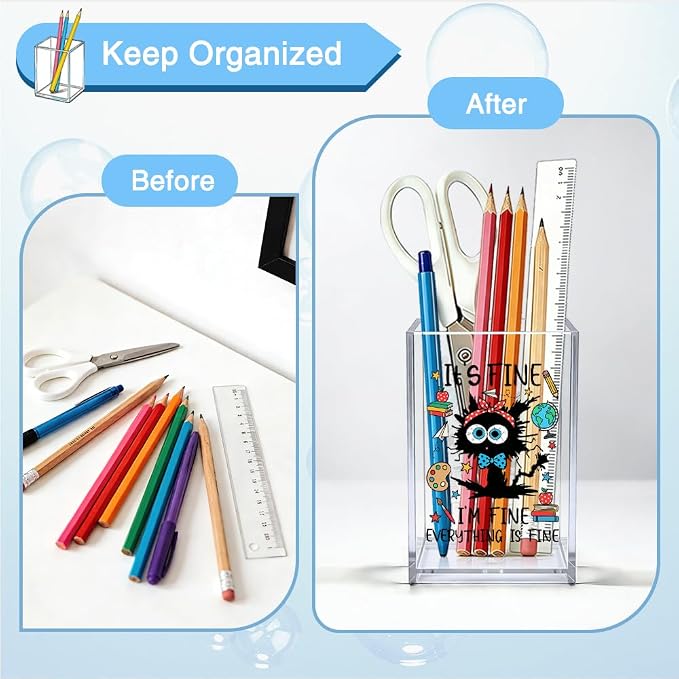 It's Fine I'm Fine Everything Is Fine Acrylic Organizer Pencil Pen Holder, Funny Cat Desk Organizer, Sarcastic Office Decor Gifts for Women Coworker, Back to School Gifts for Student Teacher