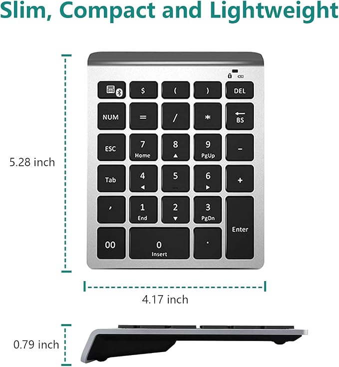 Lekvey Bluetooth Number Pad, 10 Keys Numeric Keypad Portable Wireless Bluetooth Keypad : 28-Key Numpad Extensions for Financial Accounting Data Entry for Laptop Surface Pro Tablets Windows, Silver