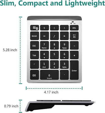 Lekvey Bluetooth Number Pad, 10 Keys Numeric Keypad Portable Wireless Bluetooth Keypad : 28-Key Numpad Extensions for Financial Accounting Data Entry for Laptop Surface Pro Tablets Windows, Silver