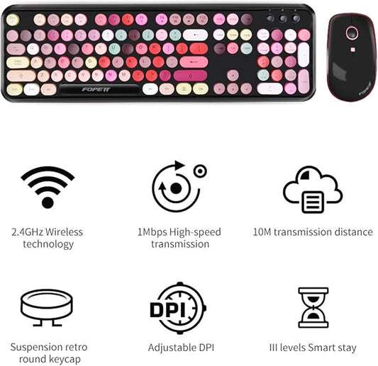 Wireless Keyboard and Mouse Combo, 2.4 GHz Full-Sized Typewriter Keyboard and Mouse Wireless with Round Keycaps for Windows, Computer, Desktop, PC, Laptop (New BlackColorful)