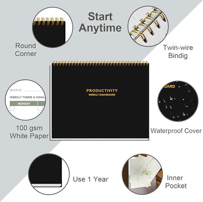 Weekly Productivity Dashboard - 8.5" x 11" Dashboard Desk Notepad Has 6 Focus Areas to List Tasks for Goals, Projects, Clients, Academic or Meal-Organize Your Daily Work Efficiently, 54 Weeks, Black