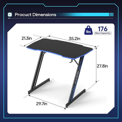 BestOffice Gaming Desk 35 in PC Computer Desk Z Shaped Gaming Workstation Ergonomic Gaming Table with Headphone Hook for Home Office,Black&Blue