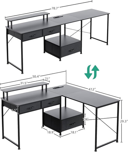 L Shaped Computer Desk, 78.7" Reversible Home Office Desk with Printer Storage Shelf & 3 Fabric Drawers, Two Person Desk with LED Lights & Power Outlet, Corner Gaming Desk with Monitor Shelf, Black