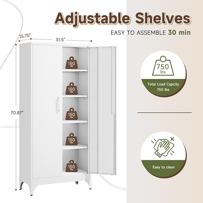 Letaya 71" H Metal Storage Cabinet with 2 Doors and 4 Shelves,Tall Kitchen Pantry Cabinets,Utility Pantry Organizers for Cupboard/Dining/Bathroom/Home Office/Garage, Steel Tool Cabinets