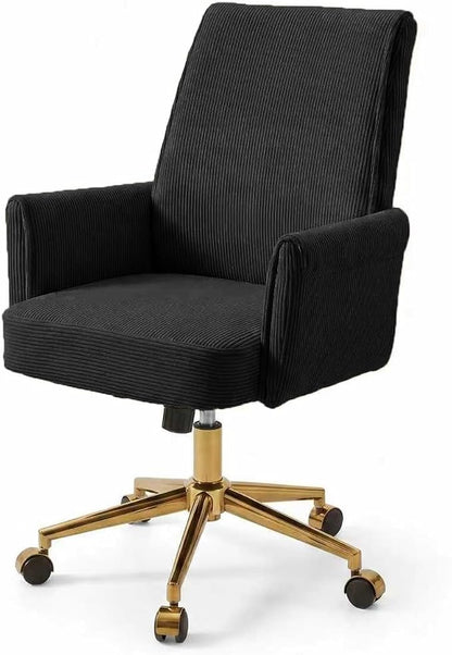 Striped Velvet Office Chair, 360° Swivel Ergonomic Task Chair with High Back, Gold Base and Wheels, Height Adjustable Modern Accent Chair for Home Office, Living Room, Study, Vanity Room (Black)