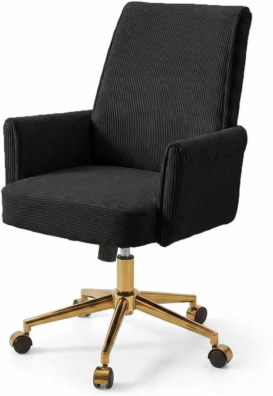 Striped Velvet Office Chair, 360° Swivel Ergonomic Task Chair with High Back, Gold Base and Wheels, Height Adjustable Modern Accent Chair for Home Office, Living Room, Study, Vanity Room (Black)