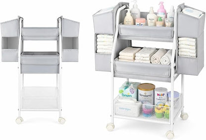 Moteph Rolling Utility Cart with Side Storage, 3-Tier Diaper Cart & Baby Caddy Organizer for Nursery Essentials, Bedside/Postpartum Nursing Cart, Craft & Art Storage Organizer, Rolling Book Cart