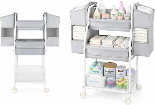 Moteph Rolling Utility Cart with Side Storage, 3-Tier Diaper Cart & Baby Caddy Organizer for Nursery Essentials, Bedside/Postpartum Nursing Cart, Craft & Art Storage Organizer, Rolling Book Cart