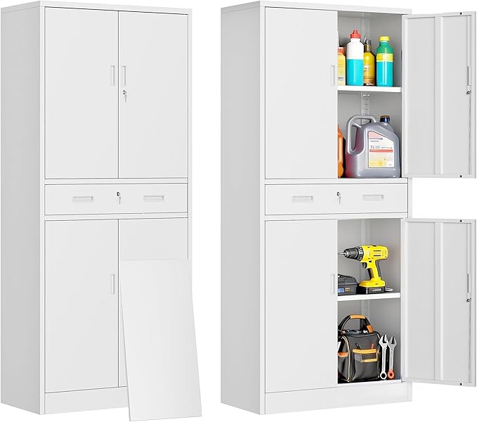 71" H Tall Metal Storage Cabinet with Drawer, Metal Garage Storage Cabinet with Lock and 2 Adjustable Shelves for Home, Office, Garage, Warehouse Organize, White