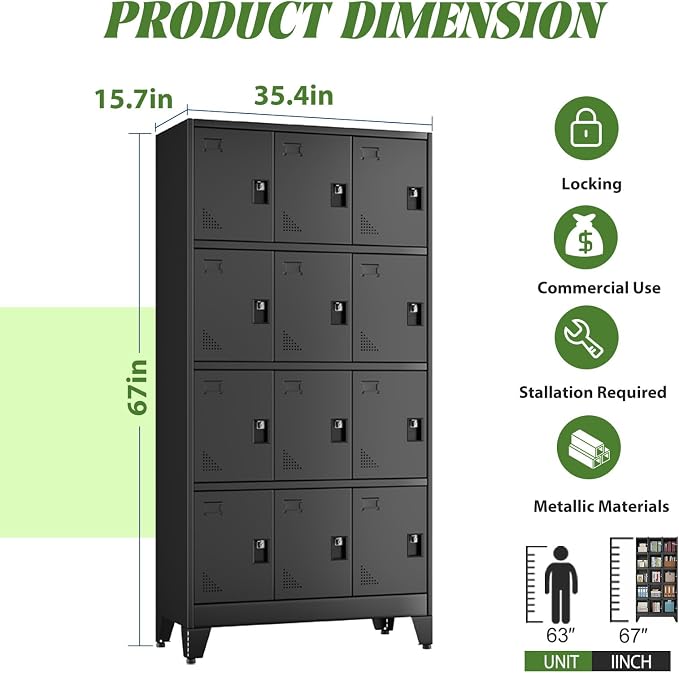 erosoei Metal Lockers for Employees, 12 Doors Metal Storage Locker | with Card Slot and Ventilation Holes, Steel Employee lockers for Home Office School Gym Garage, Requires Installation