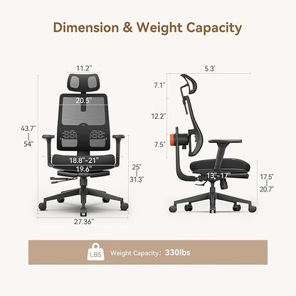 Office Chair Ergonomic with Footrest, Auto-Following Lumbar Support, High Back Desk Chair with 4D Armrest,136° Tilt Lock, Adjustable Seat Depth & Heigh