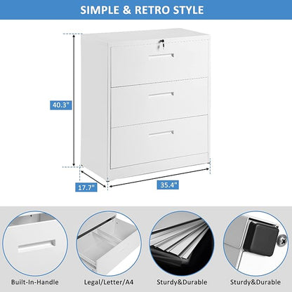 Lateral File Cabinet, 3 Drawers Metal Lockable Filing Cabinet for Commercial Grade Office Legal and Letter File (White)