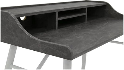 Calico Designs Woodford 45” Wide Modern, Secretary, Writing, Desk with Low Storage Hutch and Whtie Metal Tapered Legs in Marbled Dark Grey, White