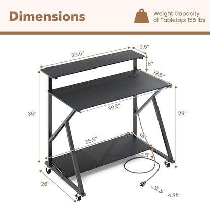 Giantex Rolling Computer Desk with Charging Station, Mobile Portable Laptop Desk with Monitor Stand & Storage Shelf, Small Desk with Lockable Wheels for Small Spaces, Home Office (Black)