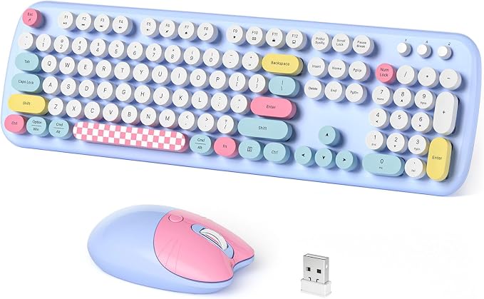 Dilter Wireless Keyboard and Mouse Combo, Full-Sized Typewriter Keyboards, Cute Cat Shaped Wireless Mouse, USB Plug and Play for Windows, Computer, PC, Laptop, Desktop (Blue Colorful)