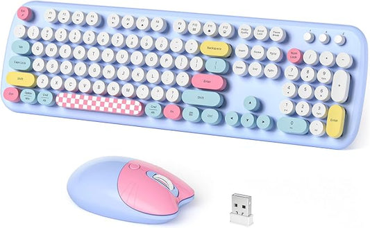 Dilter Wireless Keyboard and Mouse Combo, Full-Sized Typewriter Keyboards, Cute Cat Shaped Wireless Mouse, USB Plug and Play for Windows, Computer, PC, Laptop, Desktop (Blue Colorful)